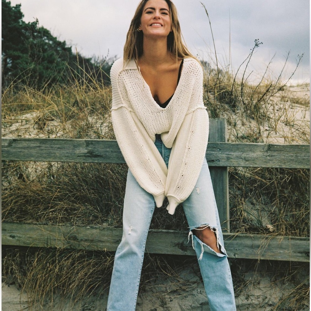Free People chunky crop sweater white cream crop vneck